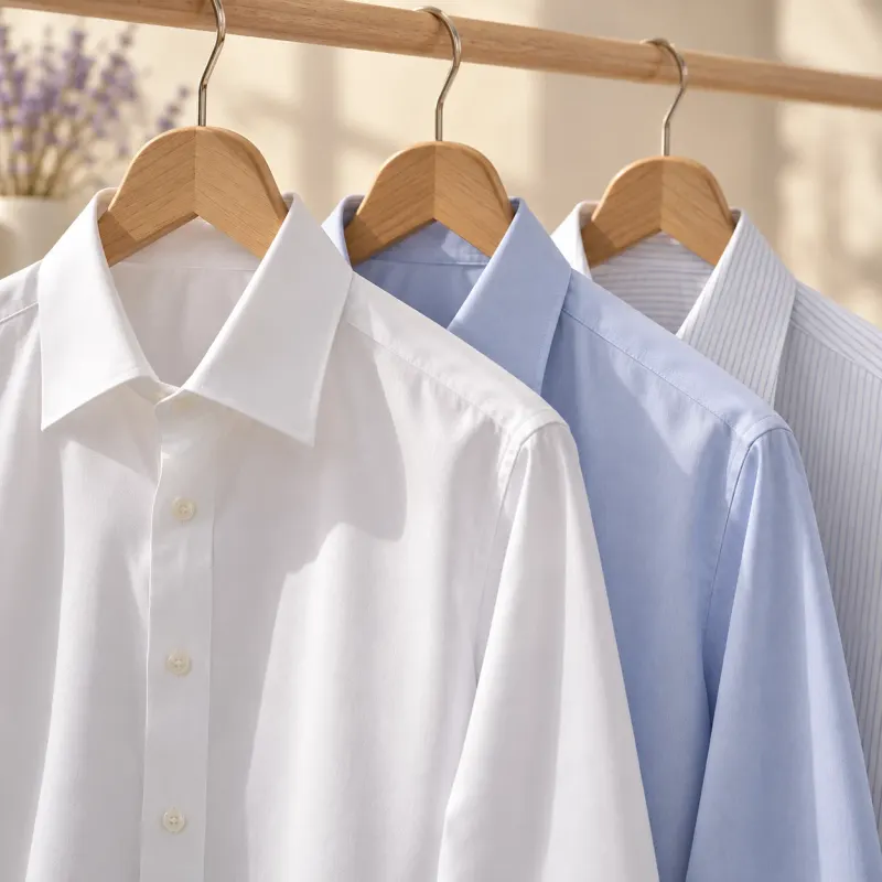 Camisas sociais brancas e azuis no cabide